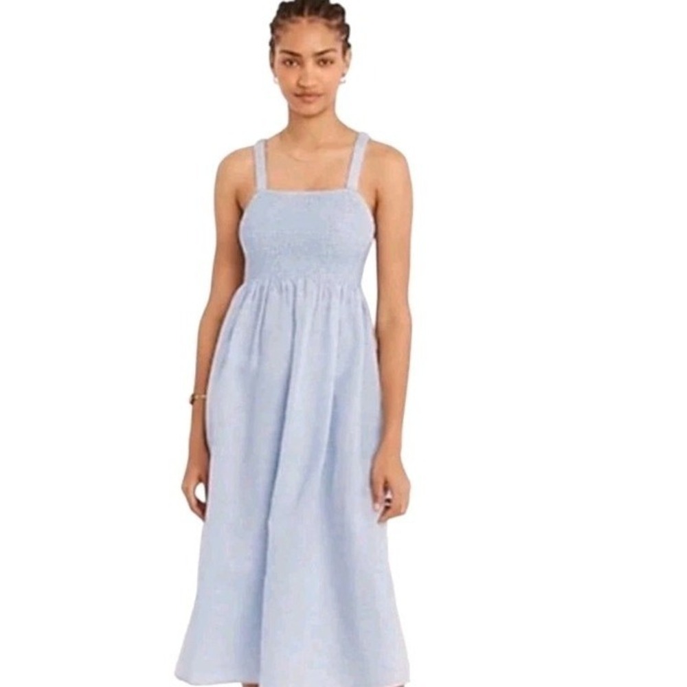 J Crew Dress Large Midi Linen Smocked Cottage Peasant Bohemian Boho Beach